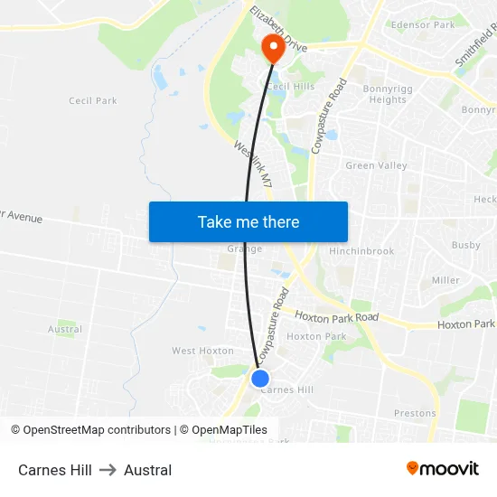 Carnes Hill to Austral map