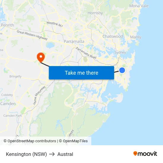 Kensington (NSW) to Austral map