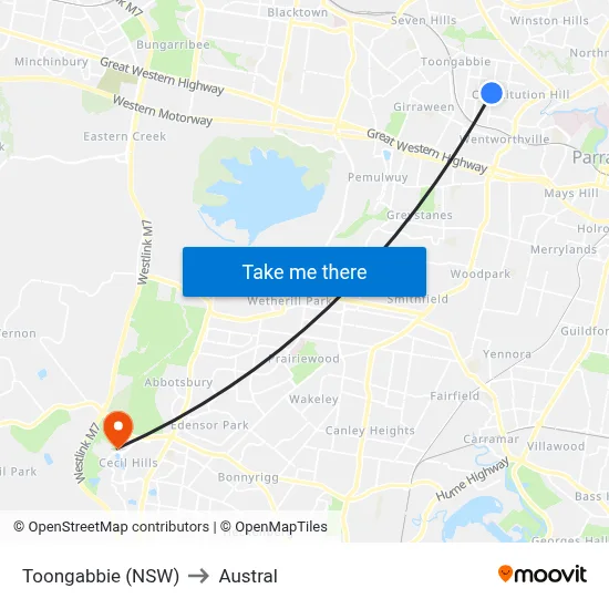 Toongabbie (NSW) to Austral map