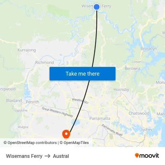 Wisemans Ferry to Austral map