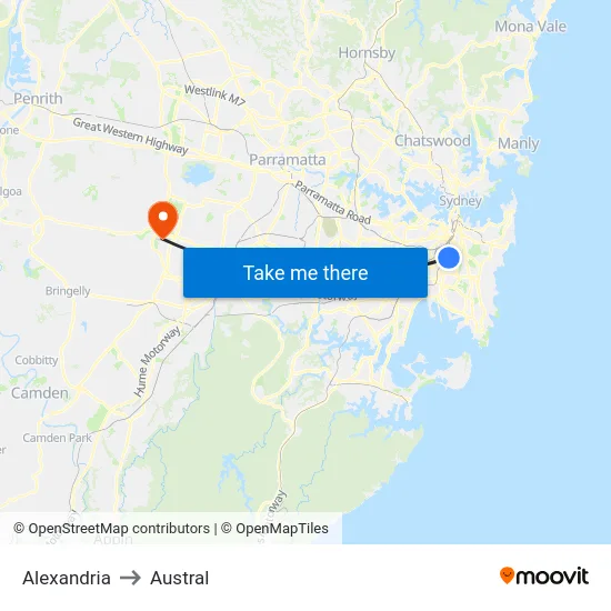 Alexandria to Austral map