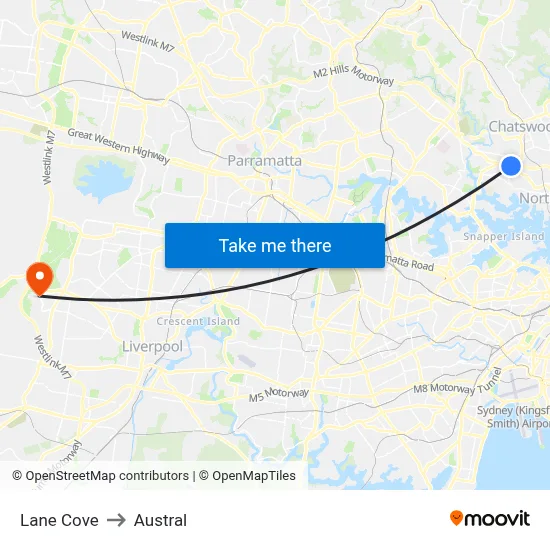 Lane Cove to Austral map