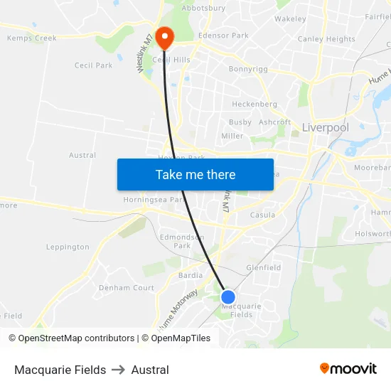 Macquarie Fields to Austral map