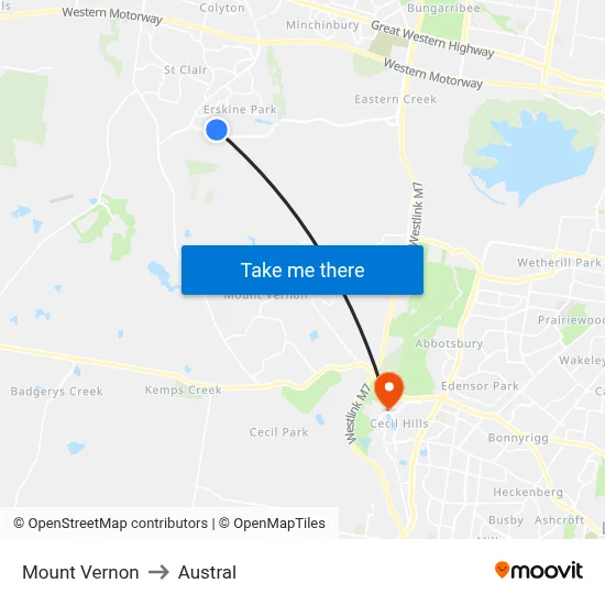 Mount Vernon to Austral map