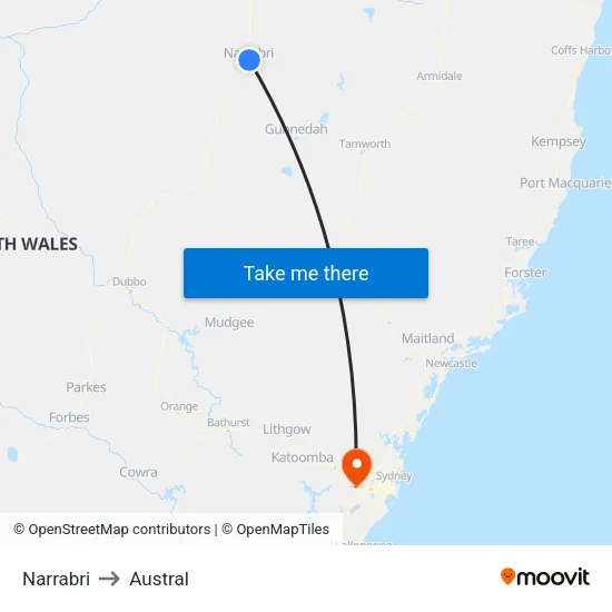Narrabri to Austral map