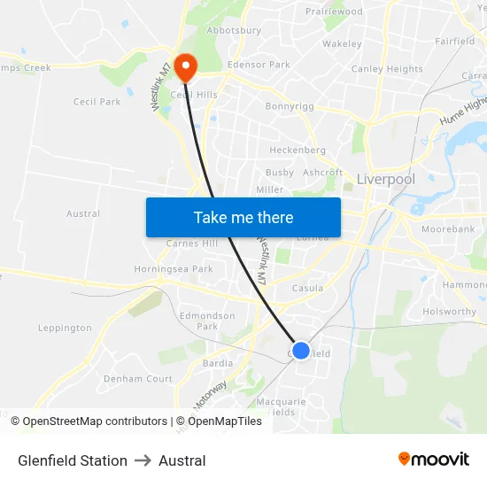 Glenfield Station to Austral map
