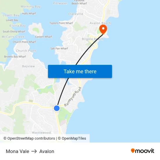 Mona Vale to Avalon map