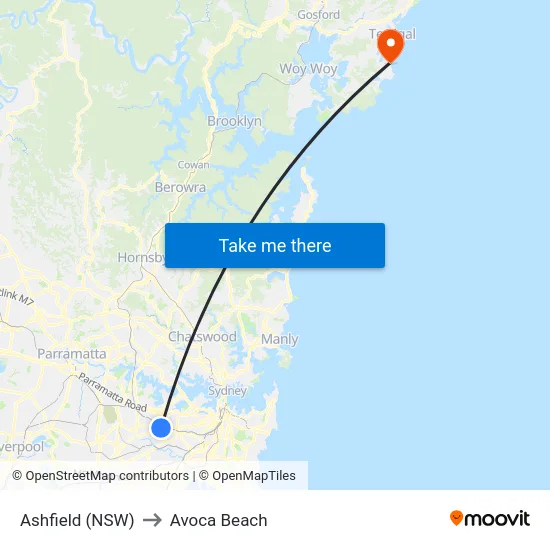 Ashfield (NSW) to Avoca Beach map