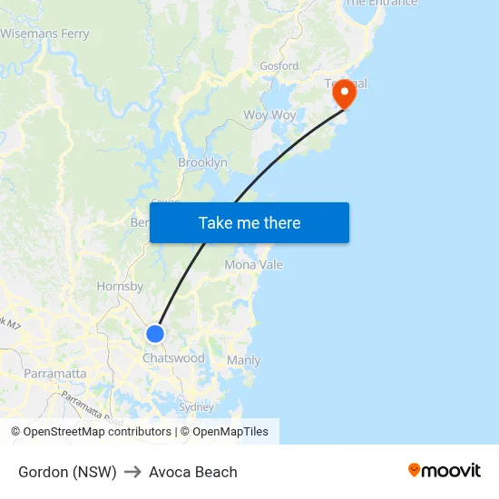 Gordon (NSW) to Avoca Beach map