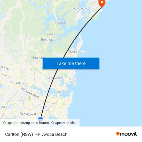 Carlton (NSW) to Avoca Beach map