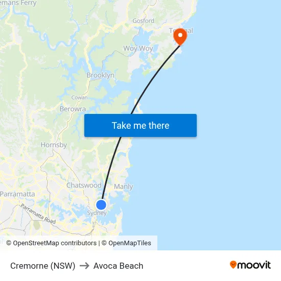 Cremorne (NSW) to Avoca Beach map