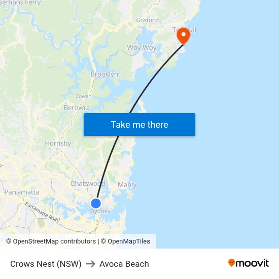 Crows Nest (NSW) to Avoca Beach map