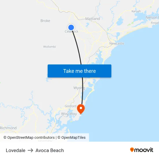 Lovedale to Avoca Beach map