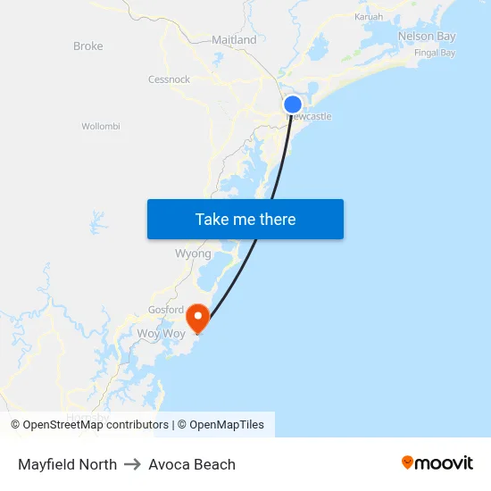 Mayfield North to Avoca Beach map