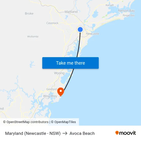 Maryland (Newcastle - NSW) to Avoca Beach map