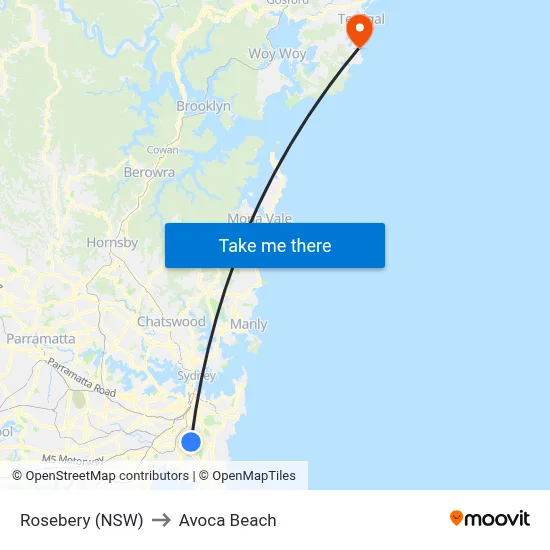 Rosebery (NSW) to Avoca Beach map