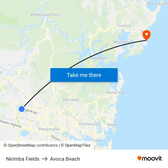 Nirimba Fields to Avoca Beach map