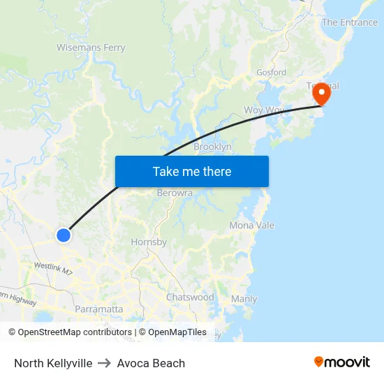 North Kellyville to Avoca Beach map