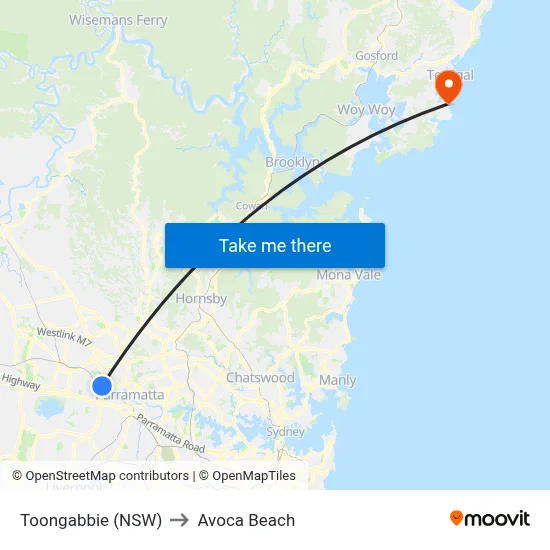 Toongabbie (NSW) to Avoca Beach map