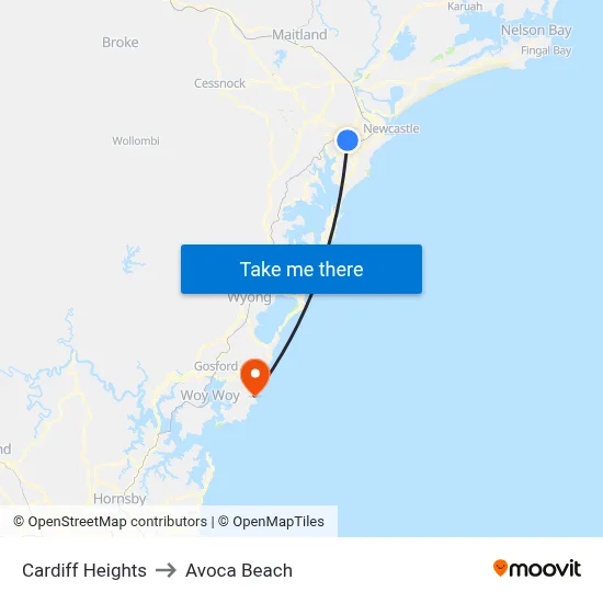 Cardiff Heights to Avoca Beach map