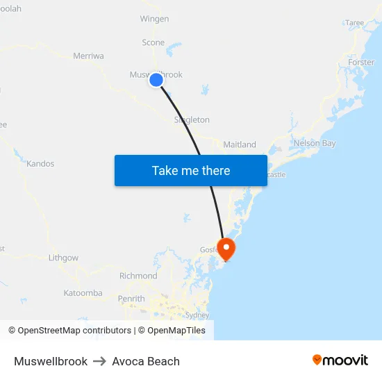 Muswellbrook to Avoca Beach map