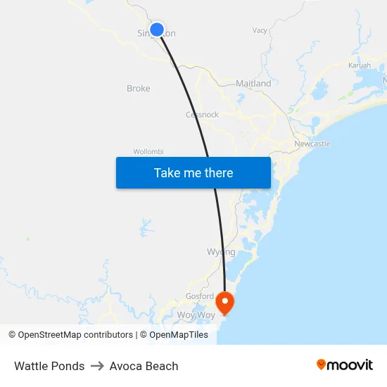 Wattle Ponds to Avoca Beach map