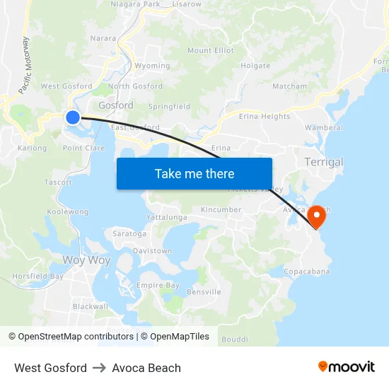 West Gosford to Avoca Beach map