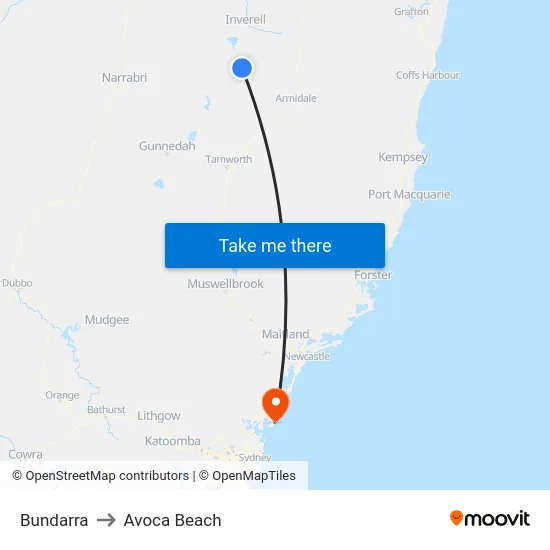 Bundarra to Avoca Beach map