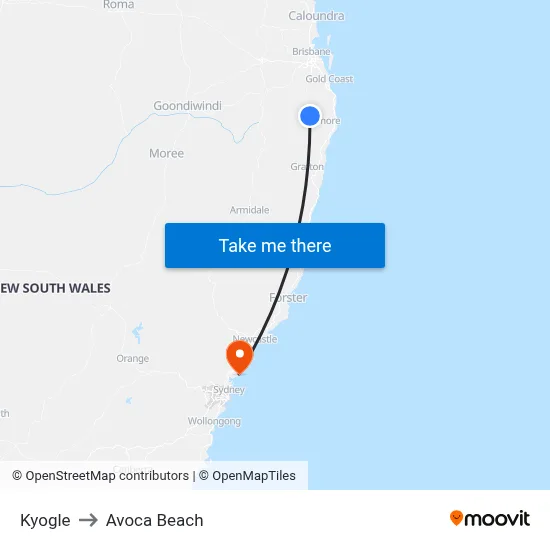 Kyogle to Avoca Beach map