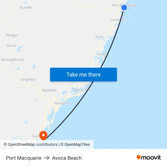 Port Macquarie to Avoca Beach map
