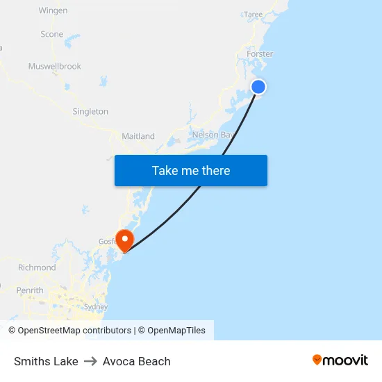 Smiths Lake to Avoca Beach map