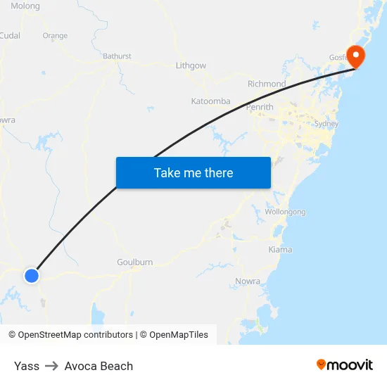 Yass to Avoca Beach map