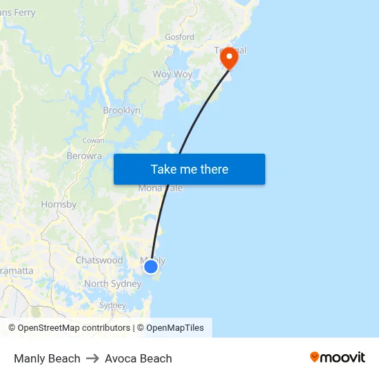 Manly Beach to Avoca Beach map