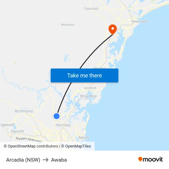 Arcadia (NSW) to Awaba map