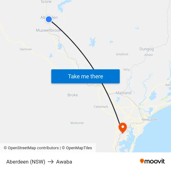 Aberdeen (NSW) to Awaba map