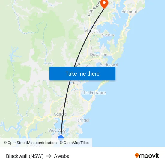 Blackwall (NSW) to Awaba map