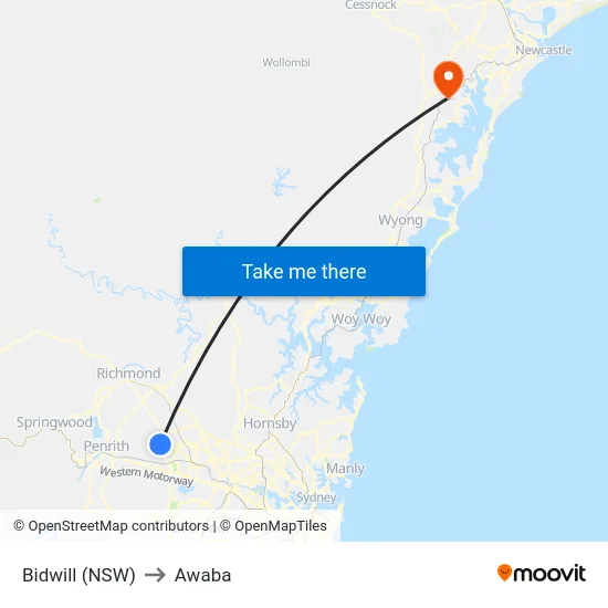 Bidwill (NSW) to Awaba map