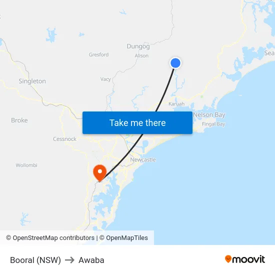 Booral (NSW) to Awaba map