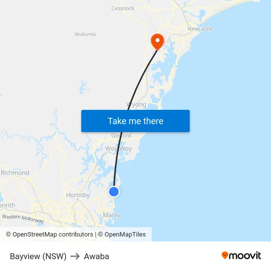 Bayview (NSW) to Awaba map
