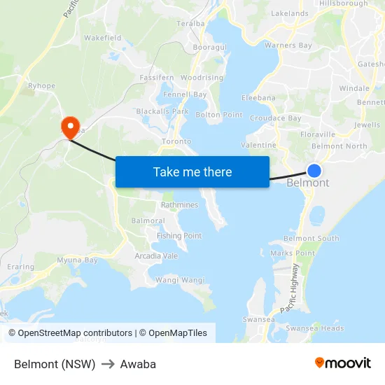 Belmont (NSW) to Awaba map