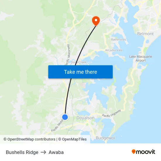 Bushells Ridge to Awaba map