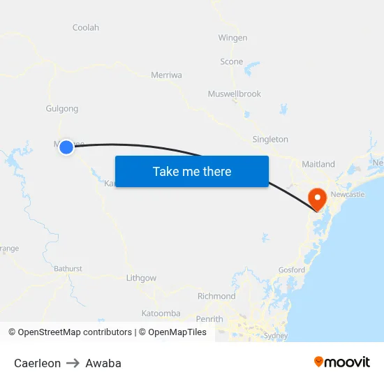 Caerleon to Awaba map
