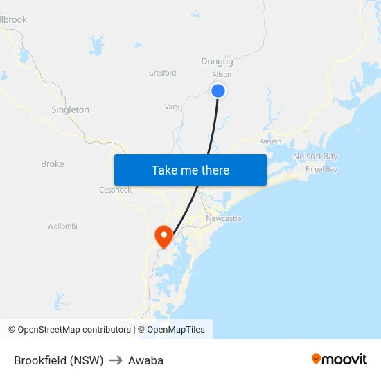 Brookfield (NSW) to Awaba map