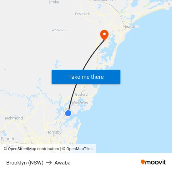 Brooklyn (NSW) to Awaba map