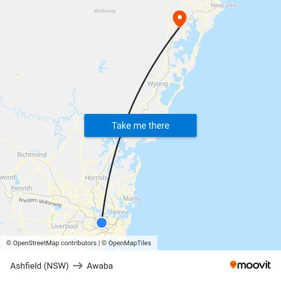 Ashfield (NSW) to Awaba map