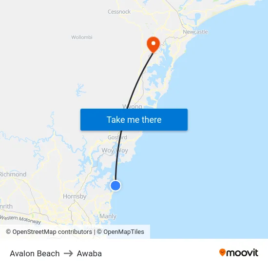 Avalon Beach to Awaba map