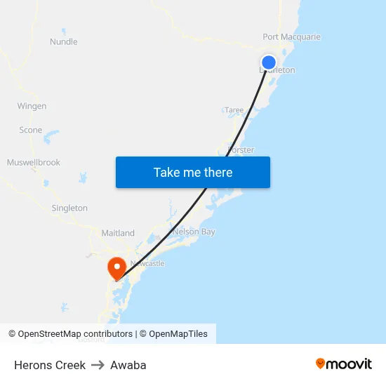 Herons Creek to Awaba map