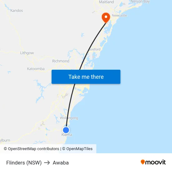 Flinders (NSW) to Awaba map