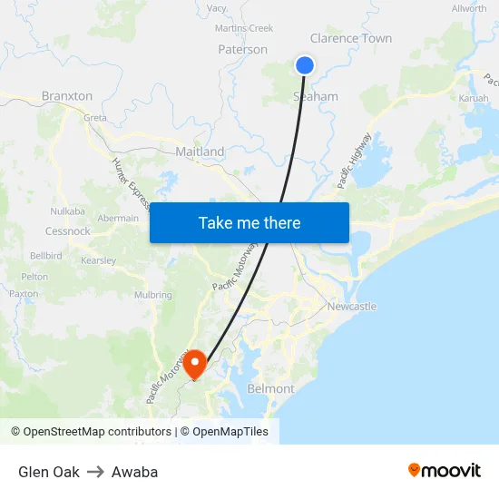 Glen Oak to Awaba map