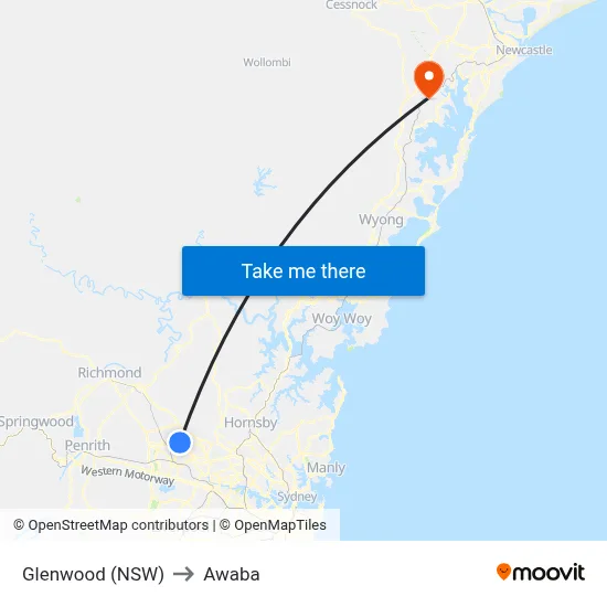 Glenwood (NSW) to Awaba map